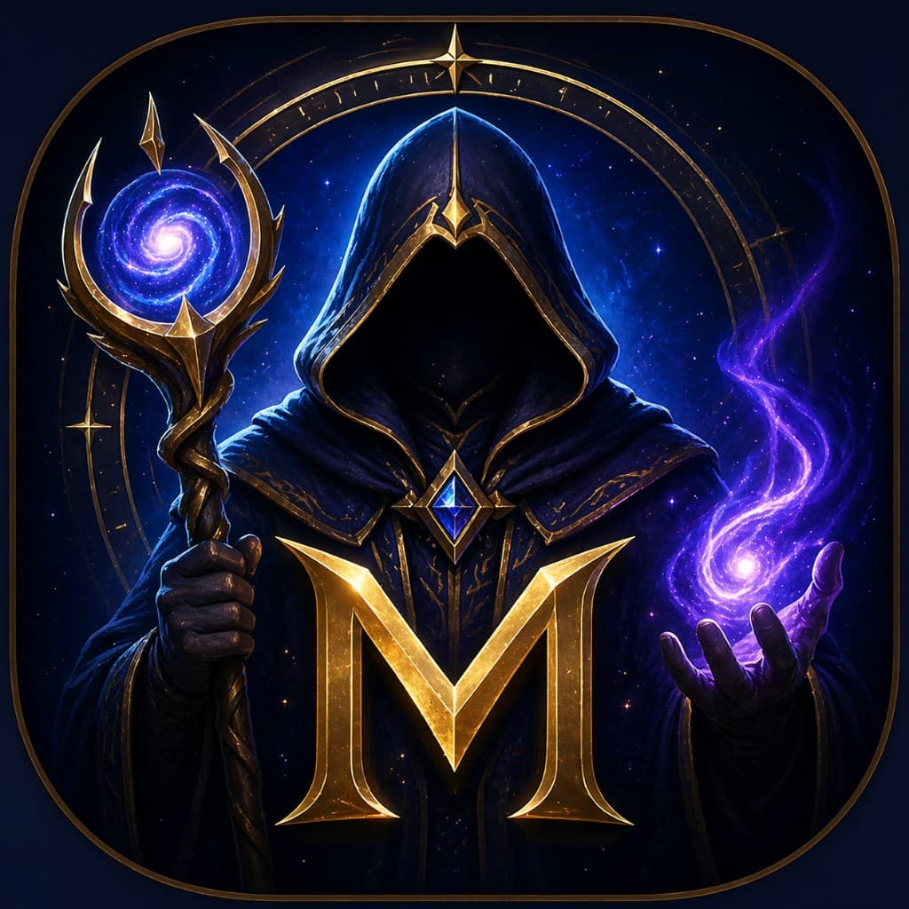 Mystical hooded wizard with golden staff and arcane flame.